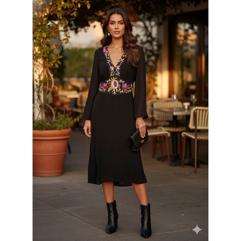 TWOOFUS NY Whimsigoth Embroidered Midi Dress 14 Boho Fairy Cottagecore Romantic - Picture 1 of 9